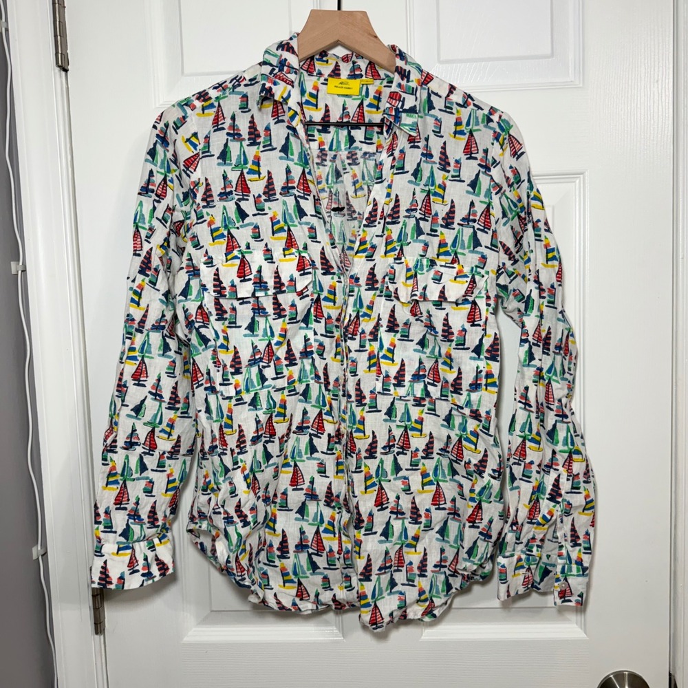 Roller Rabbit Sailboat Print 100% Linen Button Down Shirt White Multi S nautical